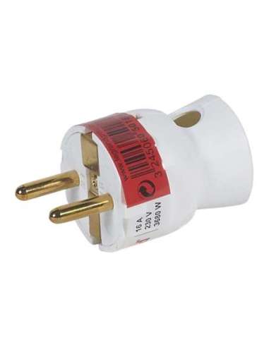 Clavija 2P+T 16A. Salida cable lateral. Diseño compacto. Color blanco - A000925362 LEGRAND 050188 (EMBALAJE DE 25 UNIDADES)